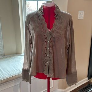 Taupe /green Clemence button down lace front shirt with longer sleeves.